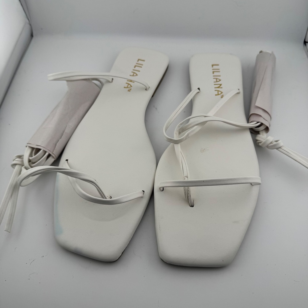 Liliana Lace Up Sandals Women 8.5 White Square Toe Strappy Gladiator Flat Tie
